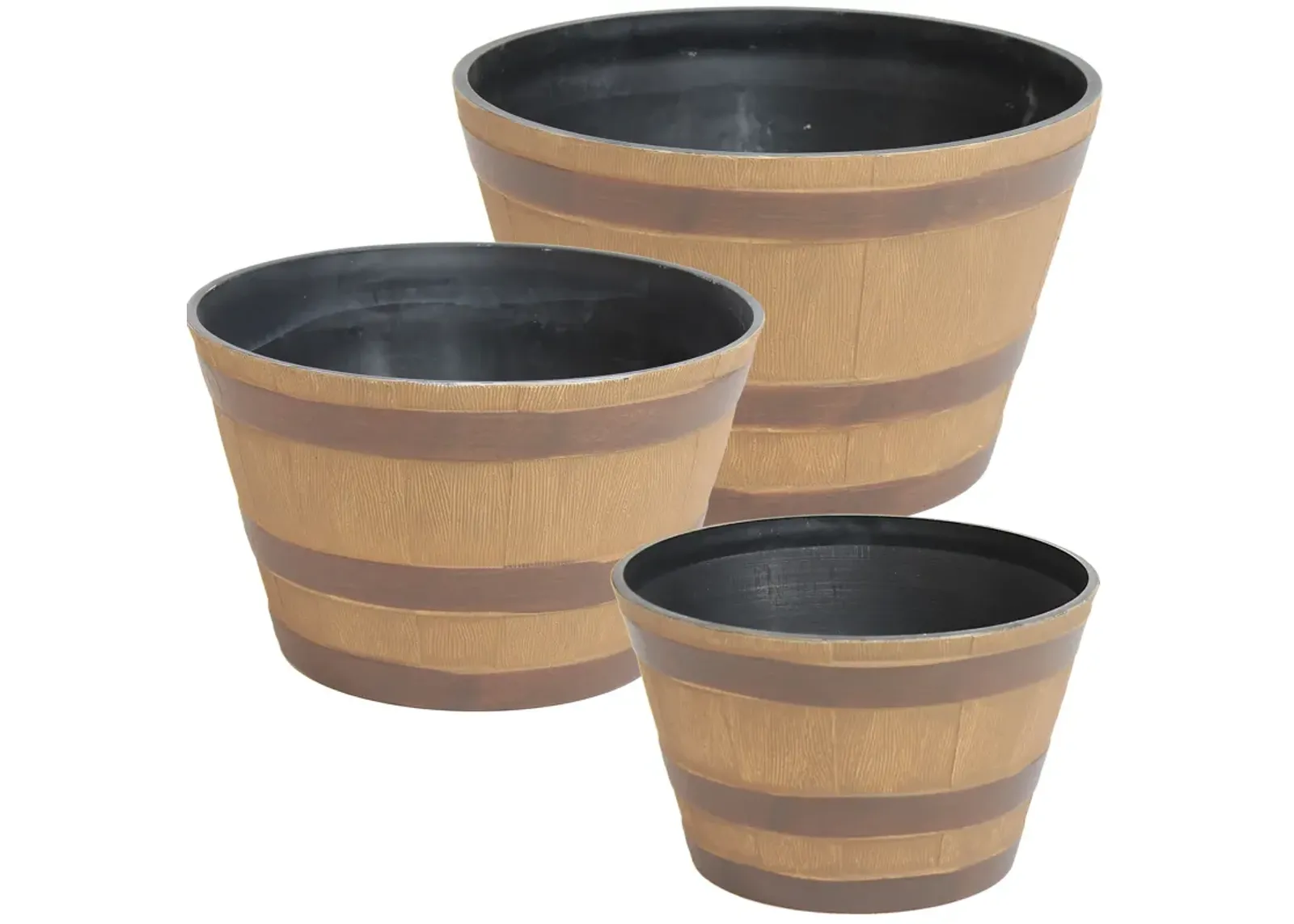 Sunnydaze Resin Rustic Cask Outdoor Planter 13 in, 15 in, 17 in - Set of 3