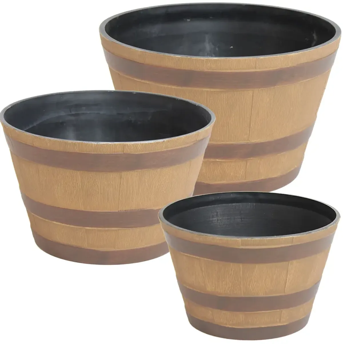 Sunnydaze Resin Rustic Cask Outdoor Planter 13 in, 15 in, 17 in - Set of 3