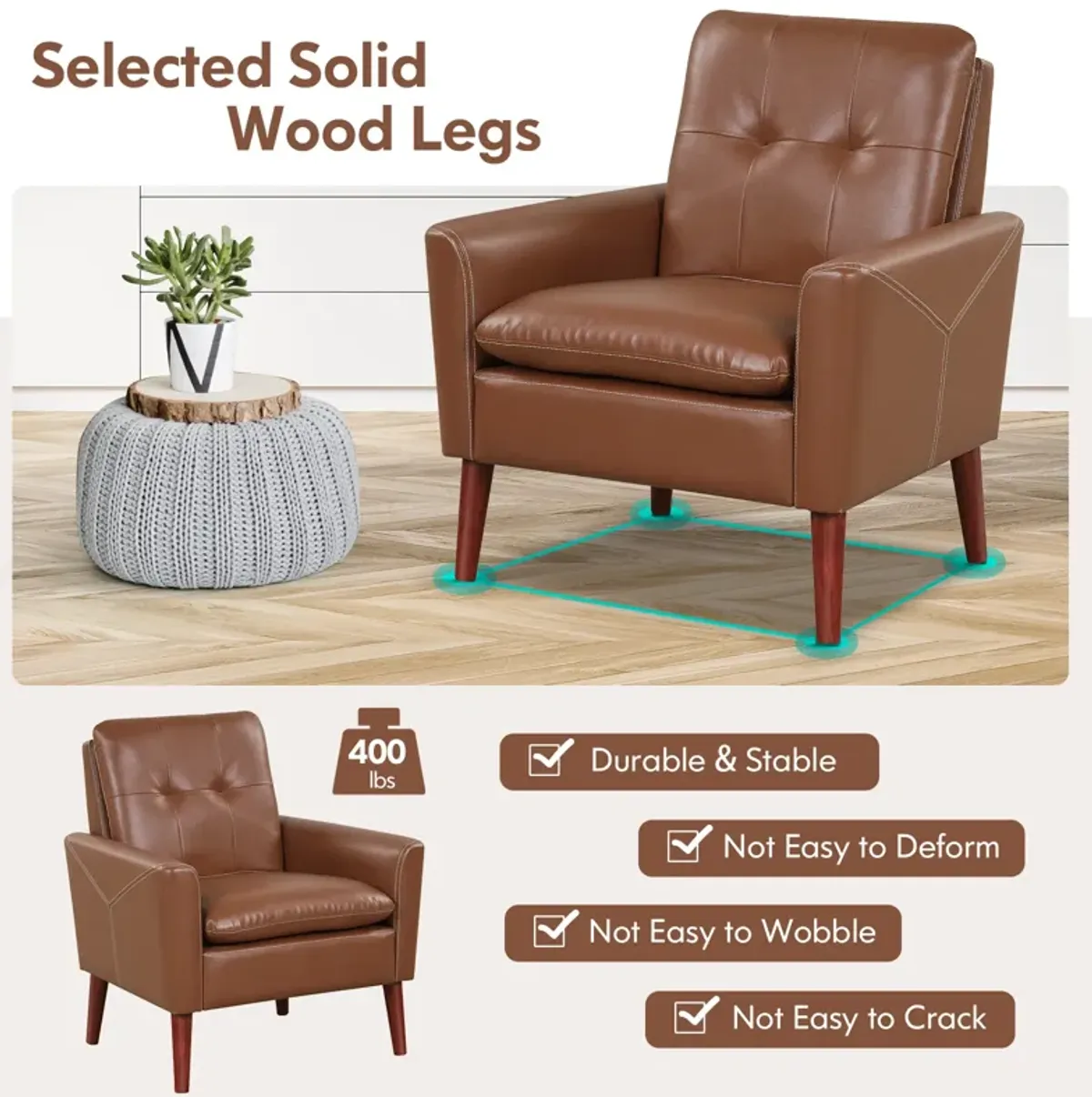 Modern PU Leather Accent Chair with Solid Wood Legs-Brown