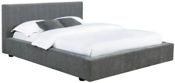 Jivi California King Platform Bed, Low Profile, Gray Fabric Upholstered - Benzara
