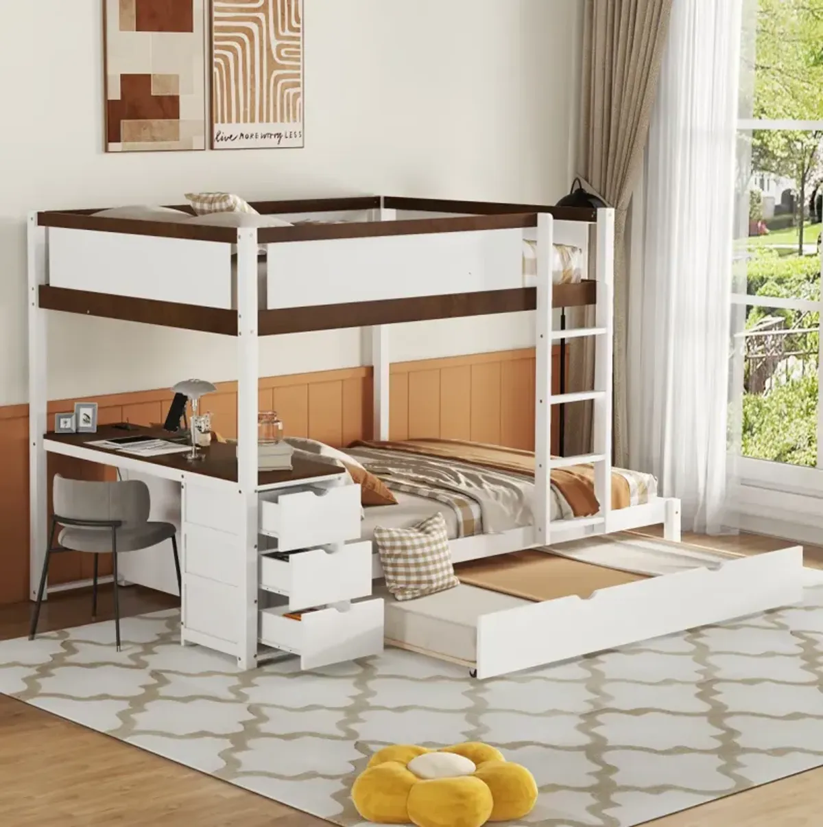 Full Over Full Bunk Bed With Twin Size Trundle, Storage And Desk