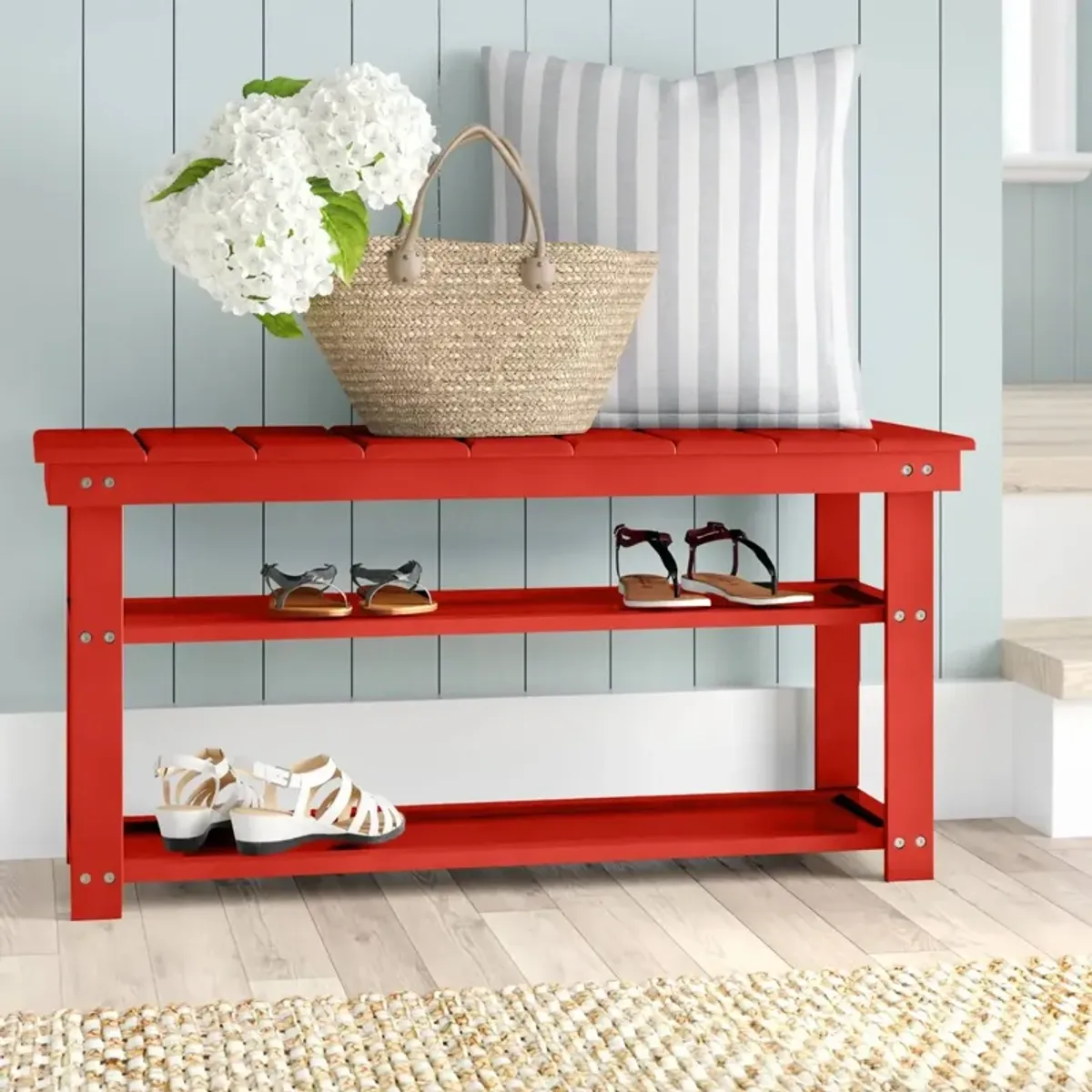 QuikFurn Red Wooden 2-Shelf Shoe Rack Storage Bench for Entryway or Closet