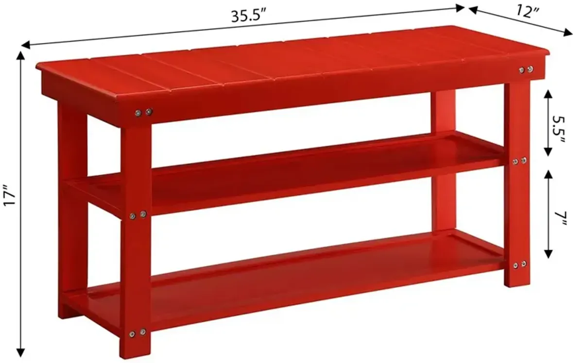 QuikFurn Red Wooden 2-Shelf Shoe Rack Storage Bench for Entryway or Closet