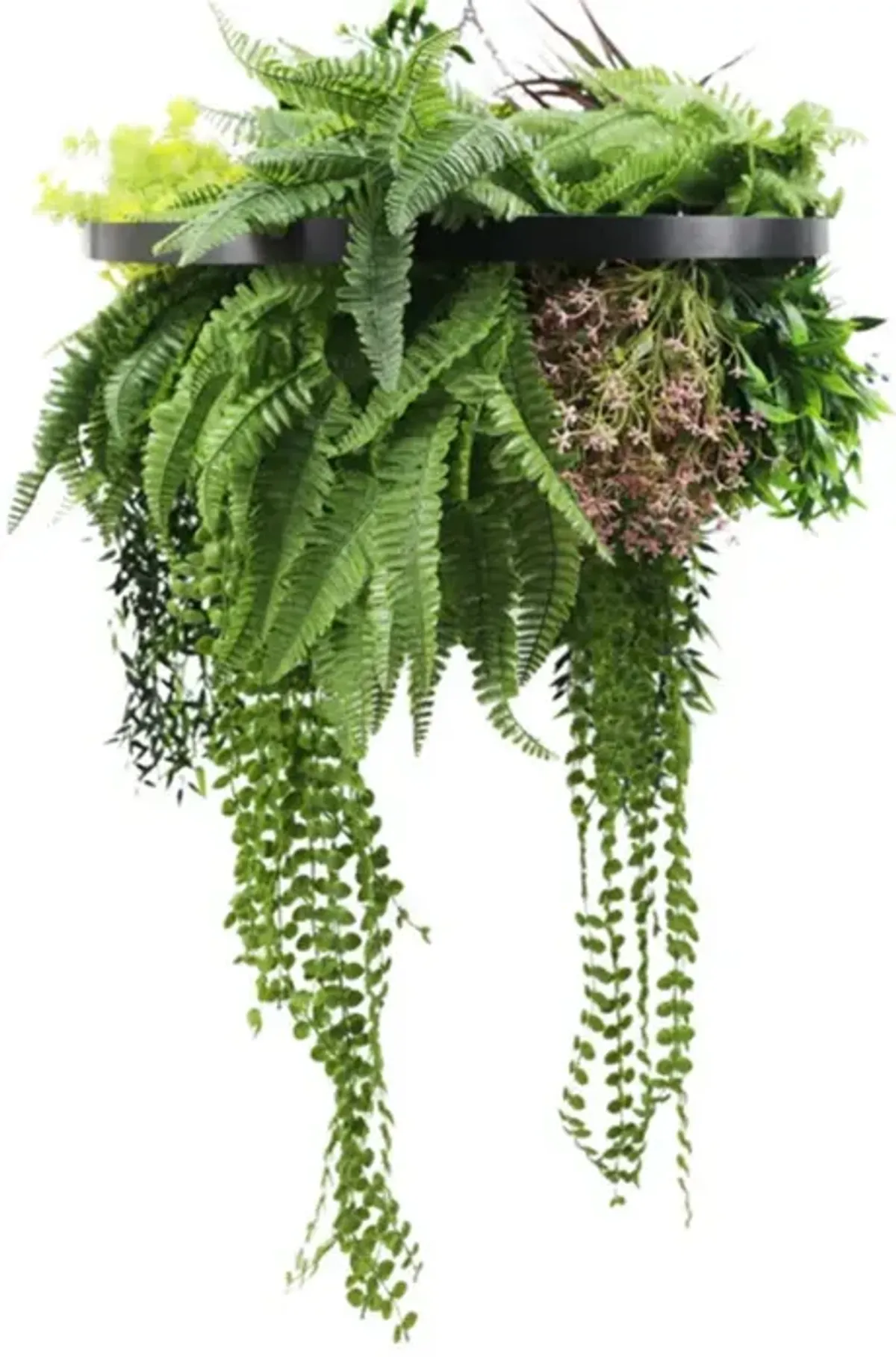 Black Framed Roof Hanging Disc With Tropical Foliage Mix and Draping Stems 23.5" UV Resistant