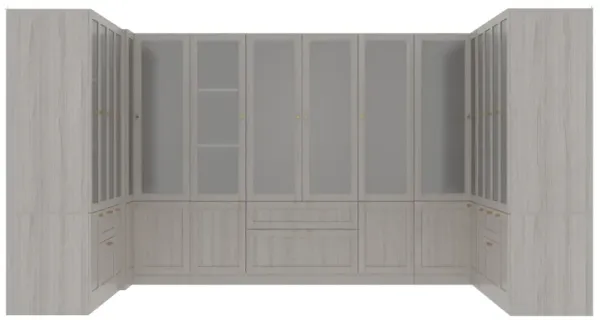 FUFU&GAGA Modular Wardrobe Closet System with Frosted Glass Doors, Gold Handles, Hanging Rods & Drawers,(133.4" W x 98.4" D x 70.9" H),White