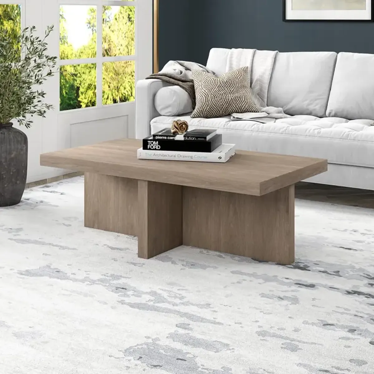 Hudson&Canal Elna 44 Wide Rectangular Coffee Table in Antiqued Gray Oak