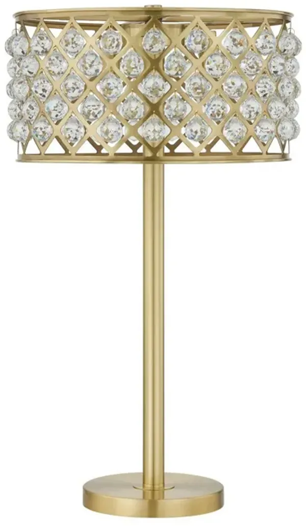 Dany 28 Inch Table Lamp with Crystal Drum Shade, Gold Brass Metal Base-Benzara