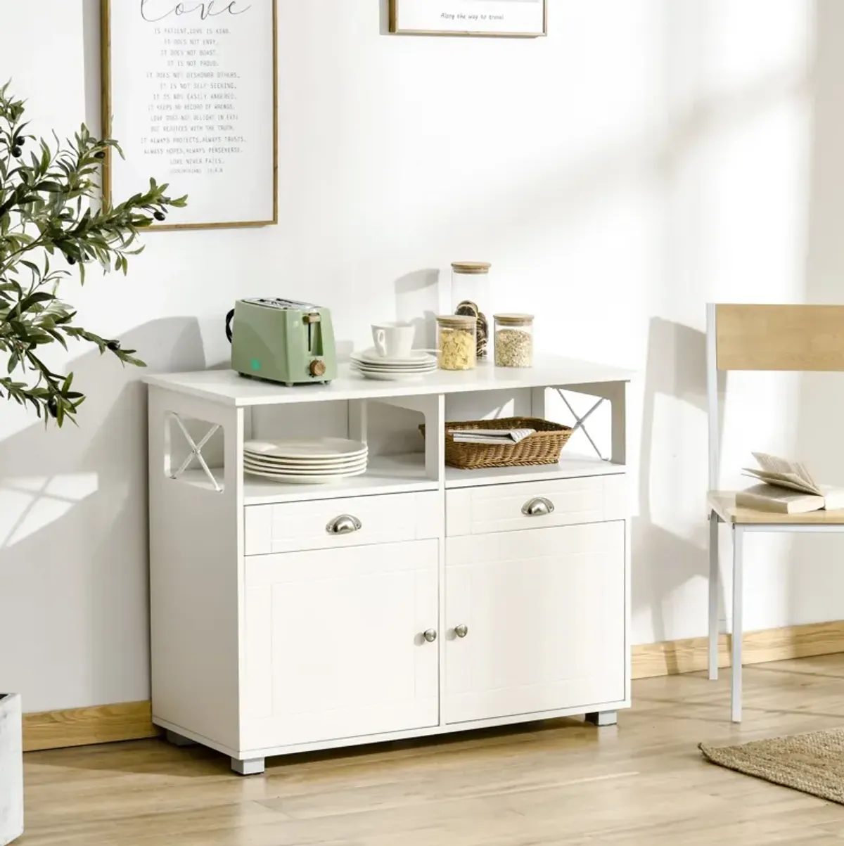White Kitchen Organizer: Sideboard Buffet with Drawers and Large Top
