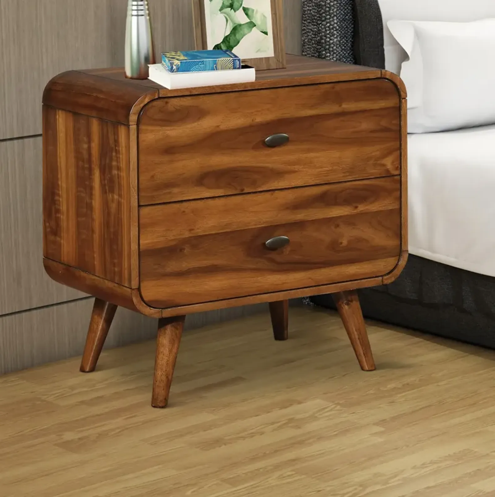 Wooden Nightstand with 2 Drawers, Dark Walnut Brown - Benzara