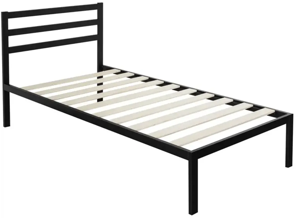 QuikFurn Twin Modern Metal Platform Bed Frame with Headboard and Wood Slats