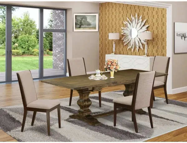 East West Furniture 5 Piece Dining Room Table Set Includes a Rectangle Kitchen Table with Removable Leaf and 4 Light Tan Linen Fabric Parsons Chairs, 42x92 Inch, Jacobean