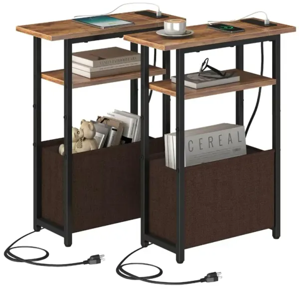 sthmec Narrow Side Table with Charging Station Set of 2, Small End Table for Small Spaces, Skinny Nightstands Set 2 with Storage