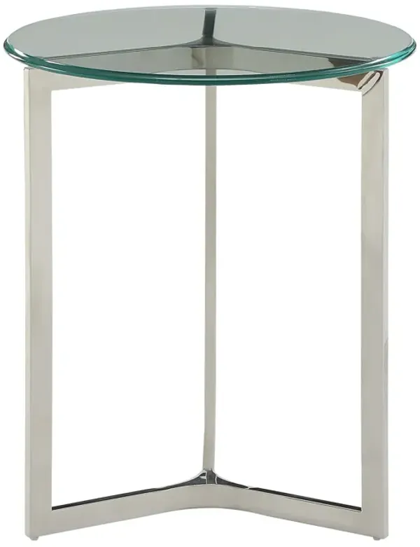 24 Inches Round Glass Top End Table with Y Shape Base, Chrome-Benzara