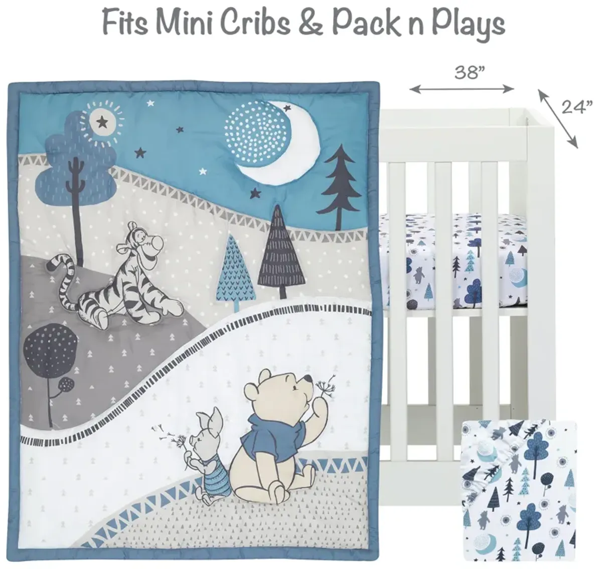 Lambs & Ivy Disney Baby Forever Pooh Blue/Gray 3-Piece Mini Crib Bedding Set