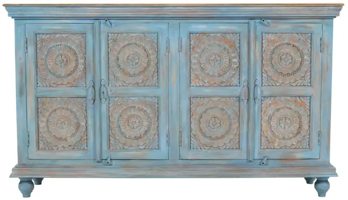 Jofran 71" Solid Wood Boho Distressed Sideboard Cabinet with Artisan Carved Doors