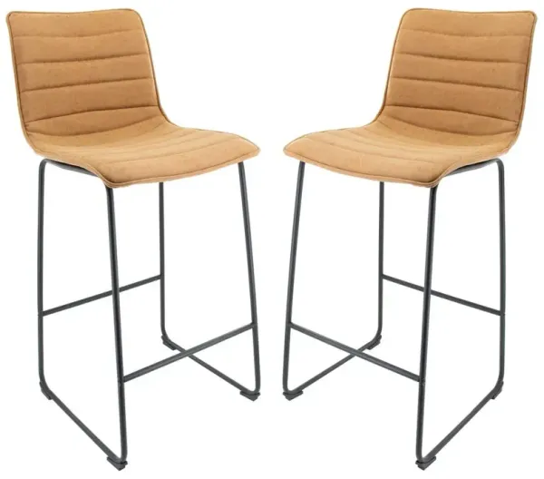 LeisureMod Leather Bar Stool With Black Iron Base & Footrest Set of 2