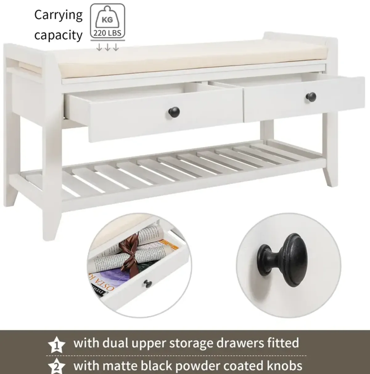 Shoe Rack With Cushioned Seat And Drawers, Multipurpose Entryway Storage Bench (White)