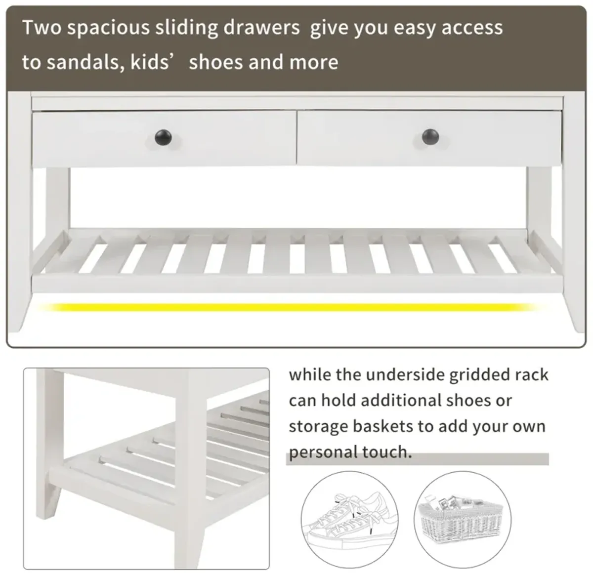 Shoe Rack With Cushioned Seat And Drawers, Multipurpose Entryway Storage Bench (White)