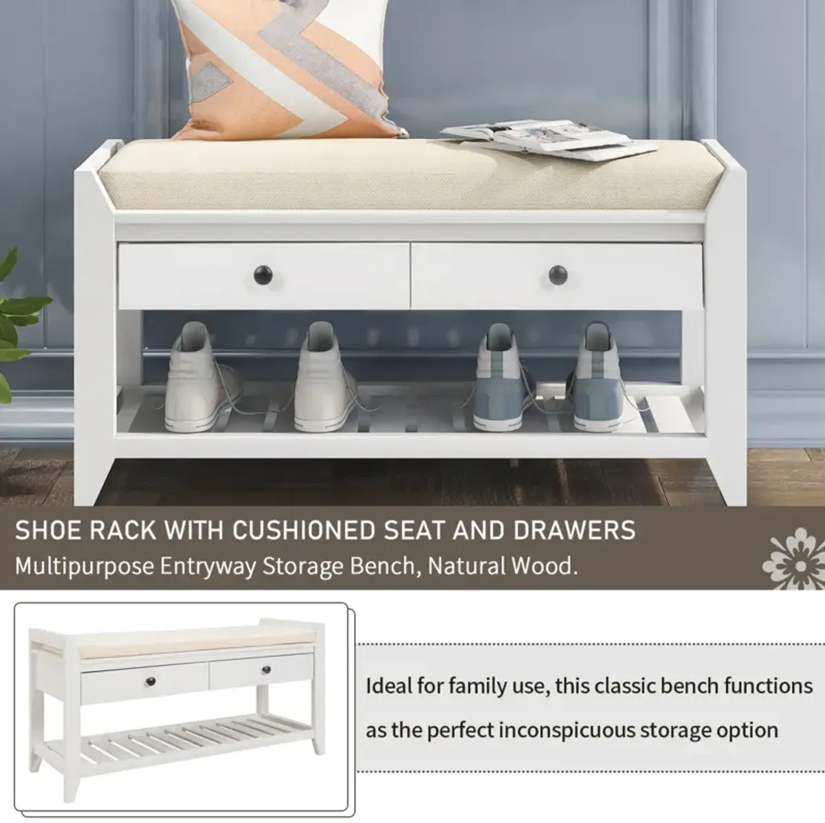 Shoe Rack With Cushioned Seat And Drawers, Multipurpose Entryway Storage Bench (White)