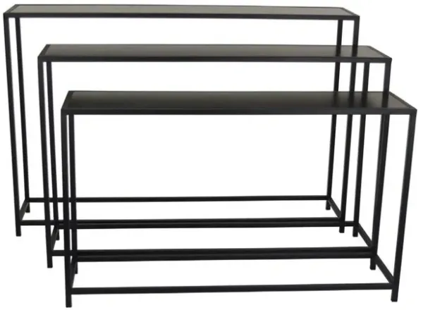 Set of 3 Plant Stand Tables, Rectangular Wood Top, Metal Open Frame, Black - Benzara