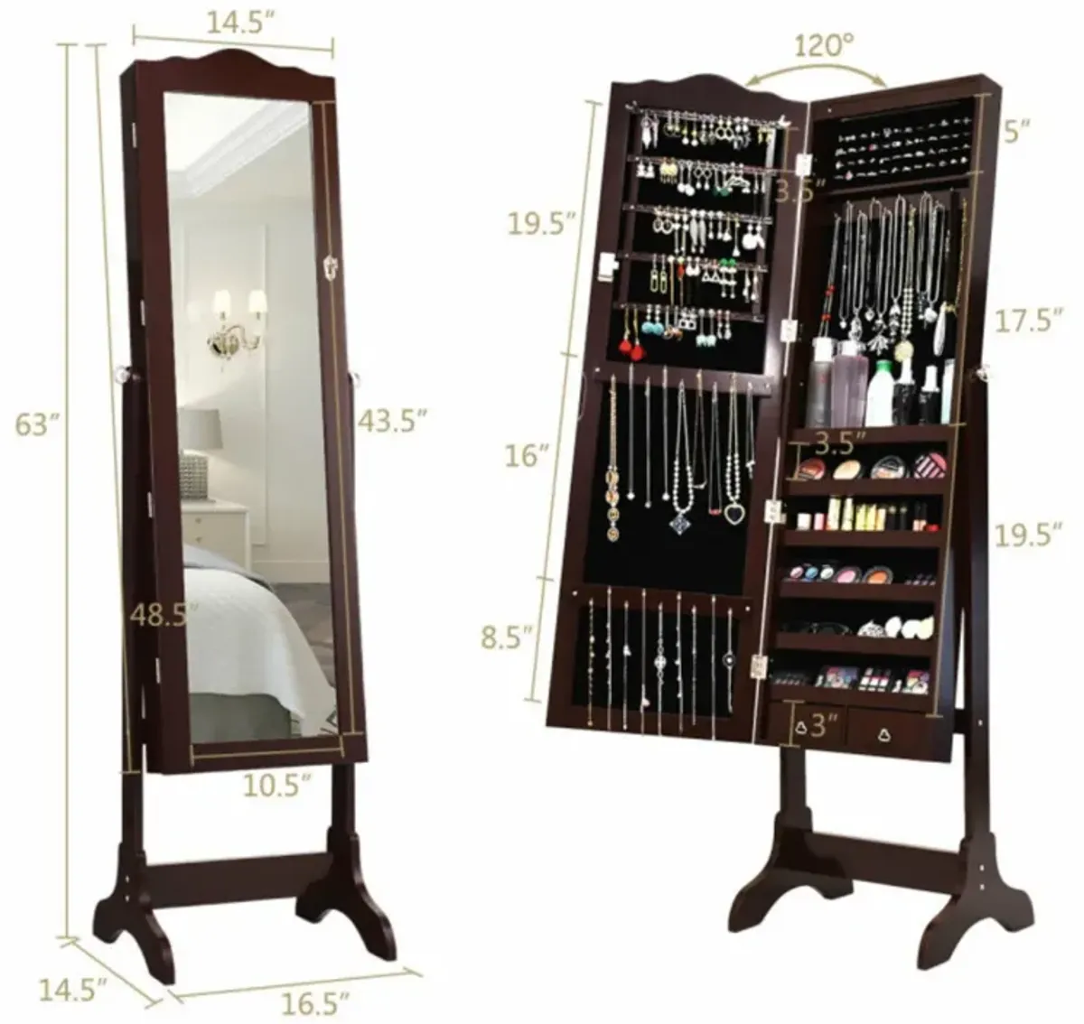 Hivvago 14 LED Jewelry Armoire Cabinet with Full Length Mirror and 4 Tilting Angles