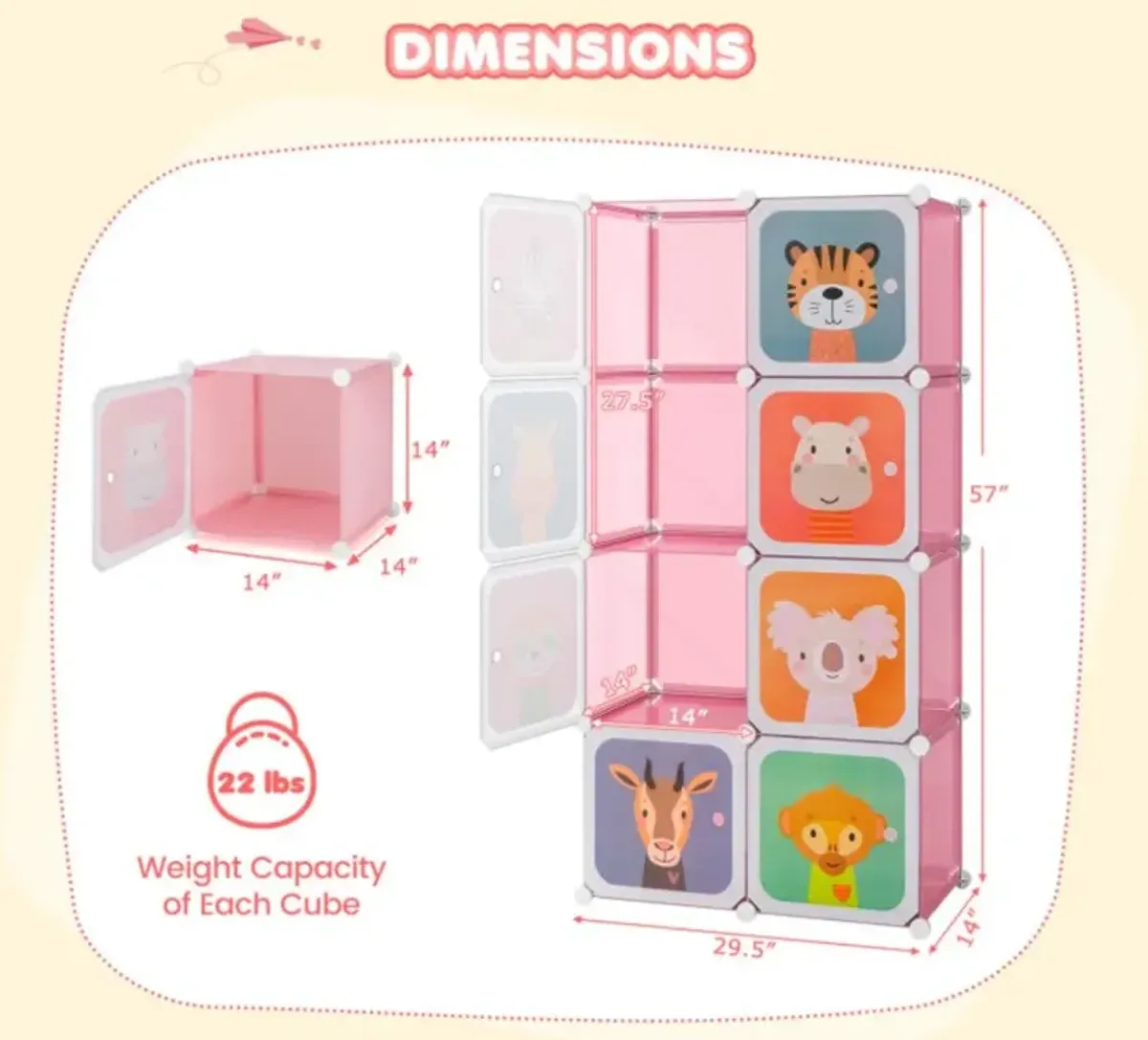 Hivvago 8-Cube Kids Wardrobe Closet with Clothes Hanging Section and Doors