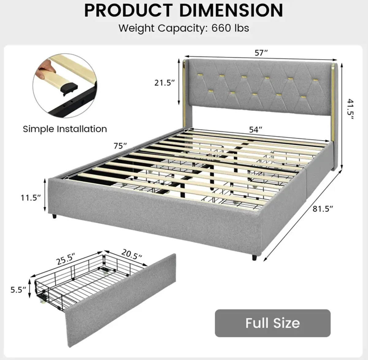 Full/Queen Size Upholstered Bed Frame with 4 Drawers-Silver