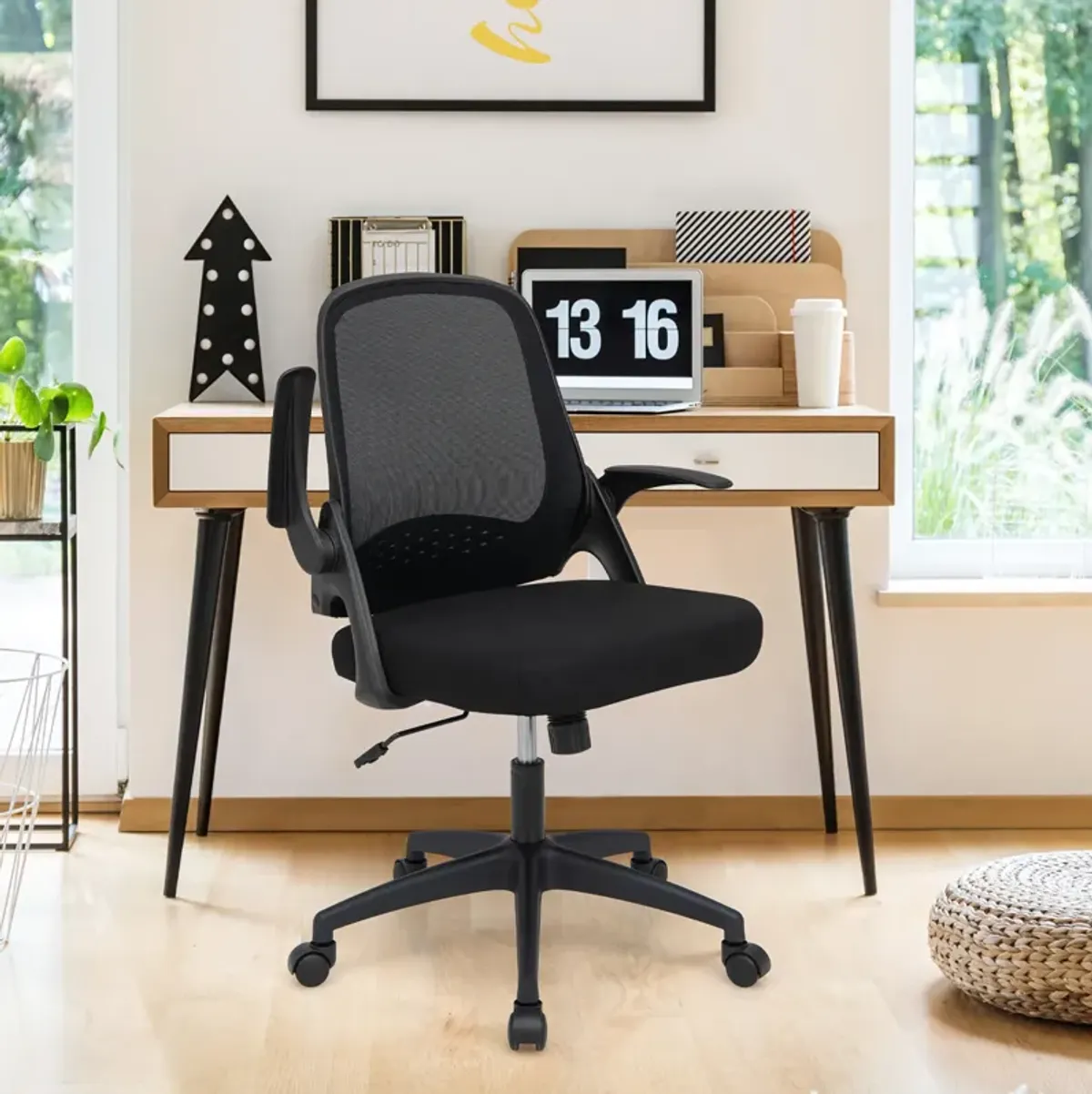 Costway Mesh Office Chair Adjustable Rolling Computer Desk Chair w/Flip-up Armrest White
