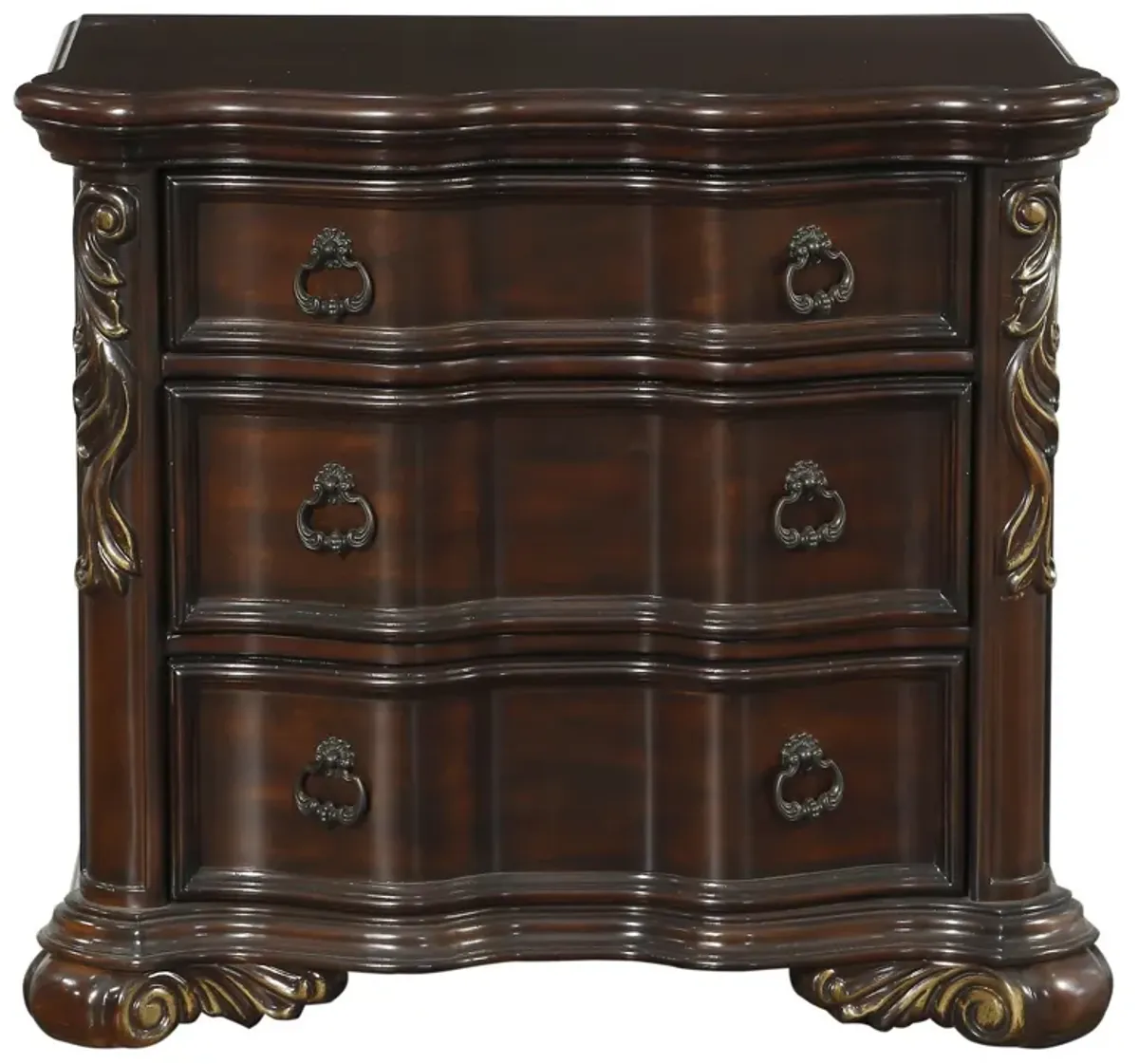 3 Drawer Nightstand with Carved Pilaster and Bracket Feet, Cherry Brown - Benzara