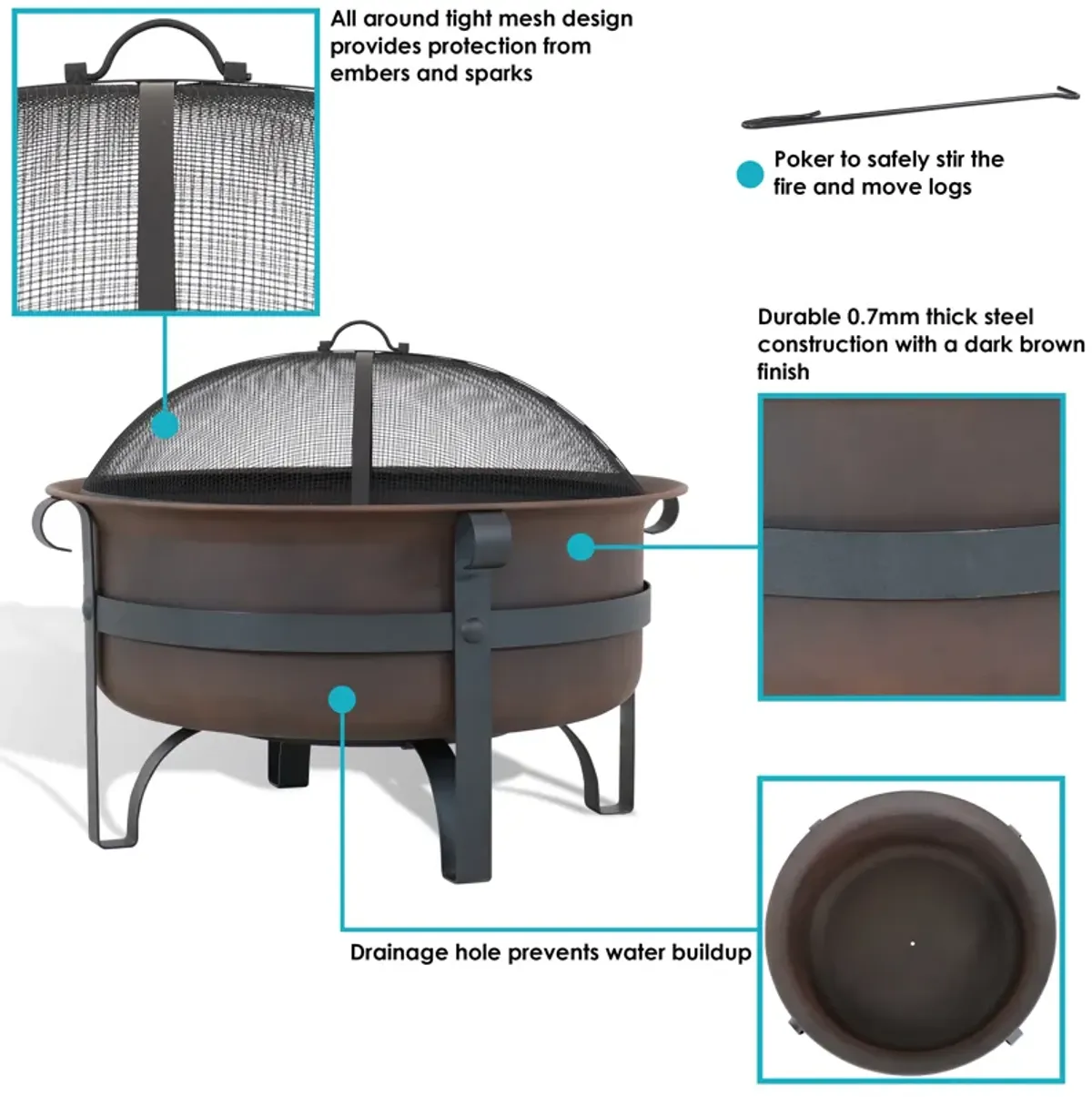 Sunnydaze 29 in Cauldron Style Steel Fire Pit with Spark Screen - Bronze