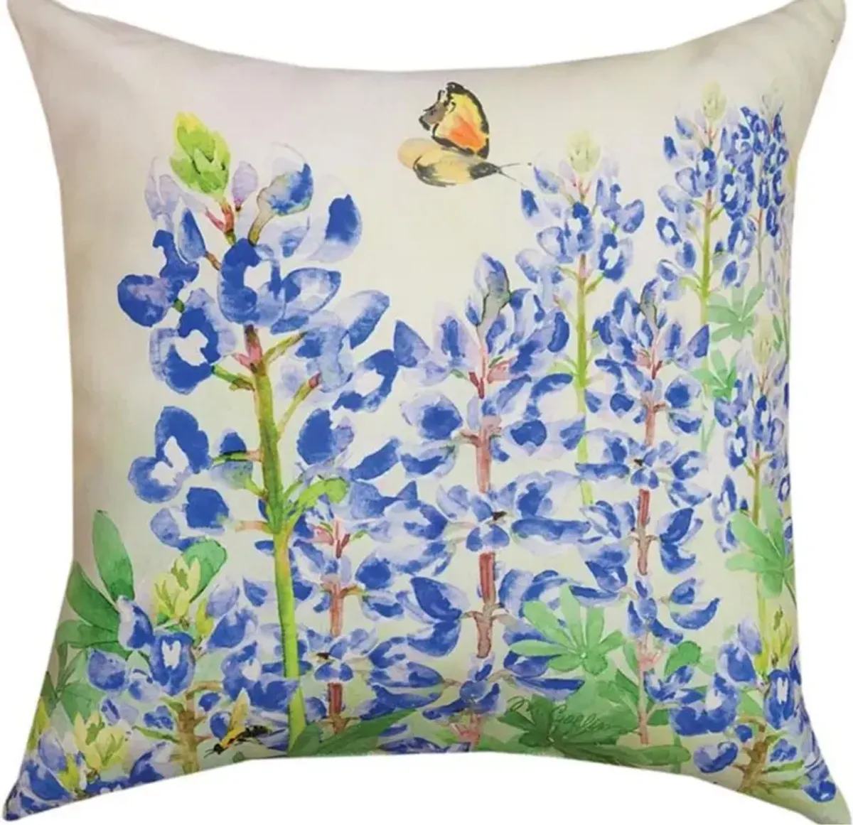 18" White and Blue Floral Outdoor Patio Square Throw Pillow