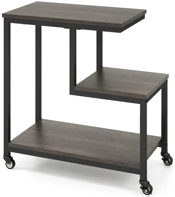 3-Tier Rolling Side Table with G-Shaped Frame and Open Display Shelves