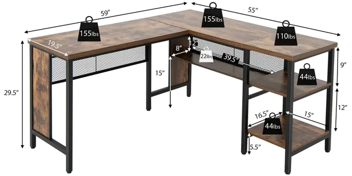 Costway Industrial L-Shaped Corner Computer Desk Office Workstation w/ Storage Shelves Brown