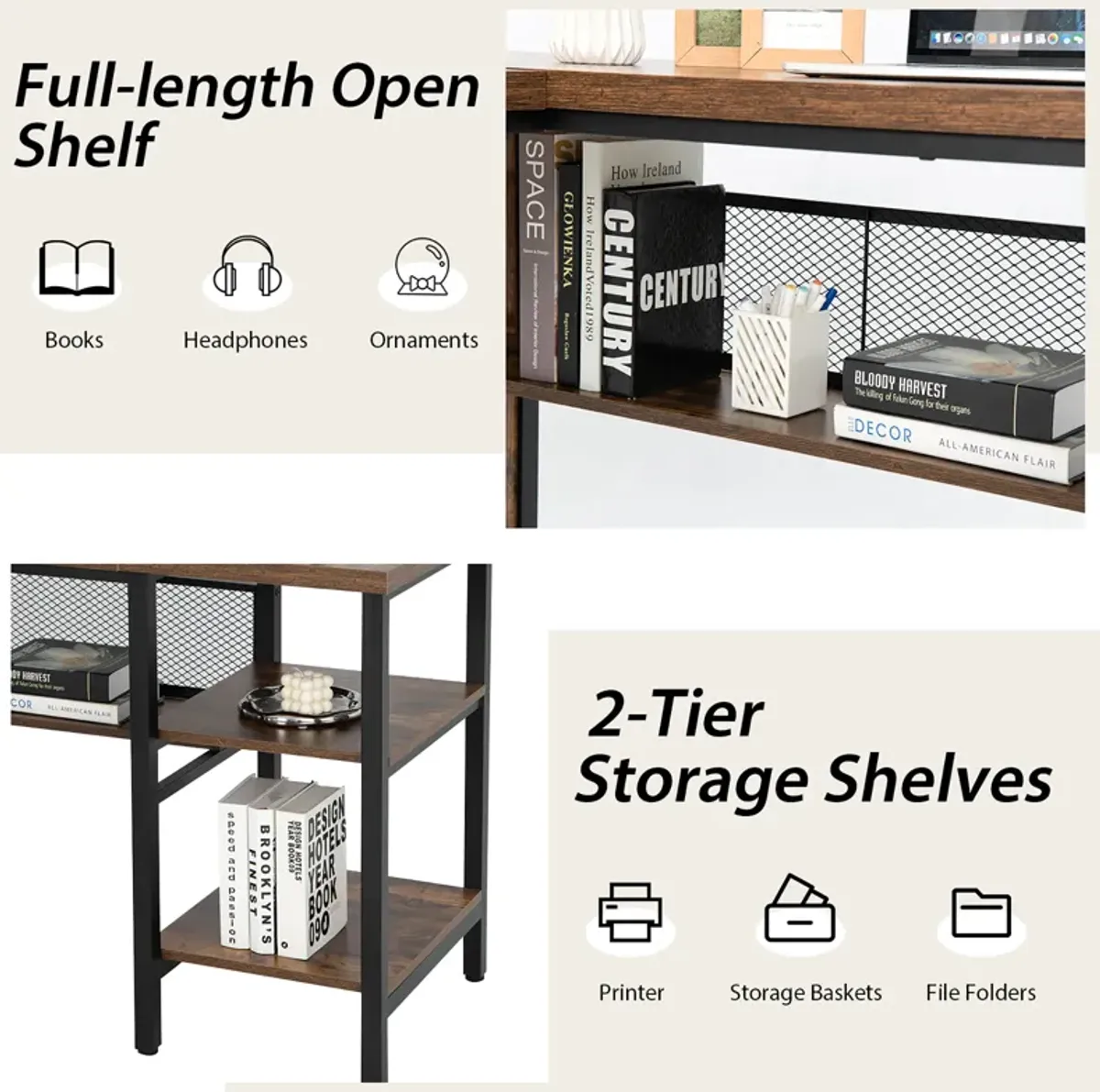 Costway Industrial L-Shaped Corner Computer Desk Office Workstation w/ Storage Shelves Brown