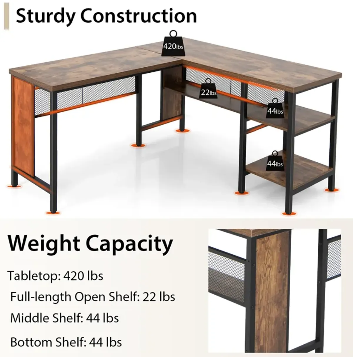 Costway Industrial L-Shaped Corner Computer Desk Office Workstation w/ Storage Shelves Brown