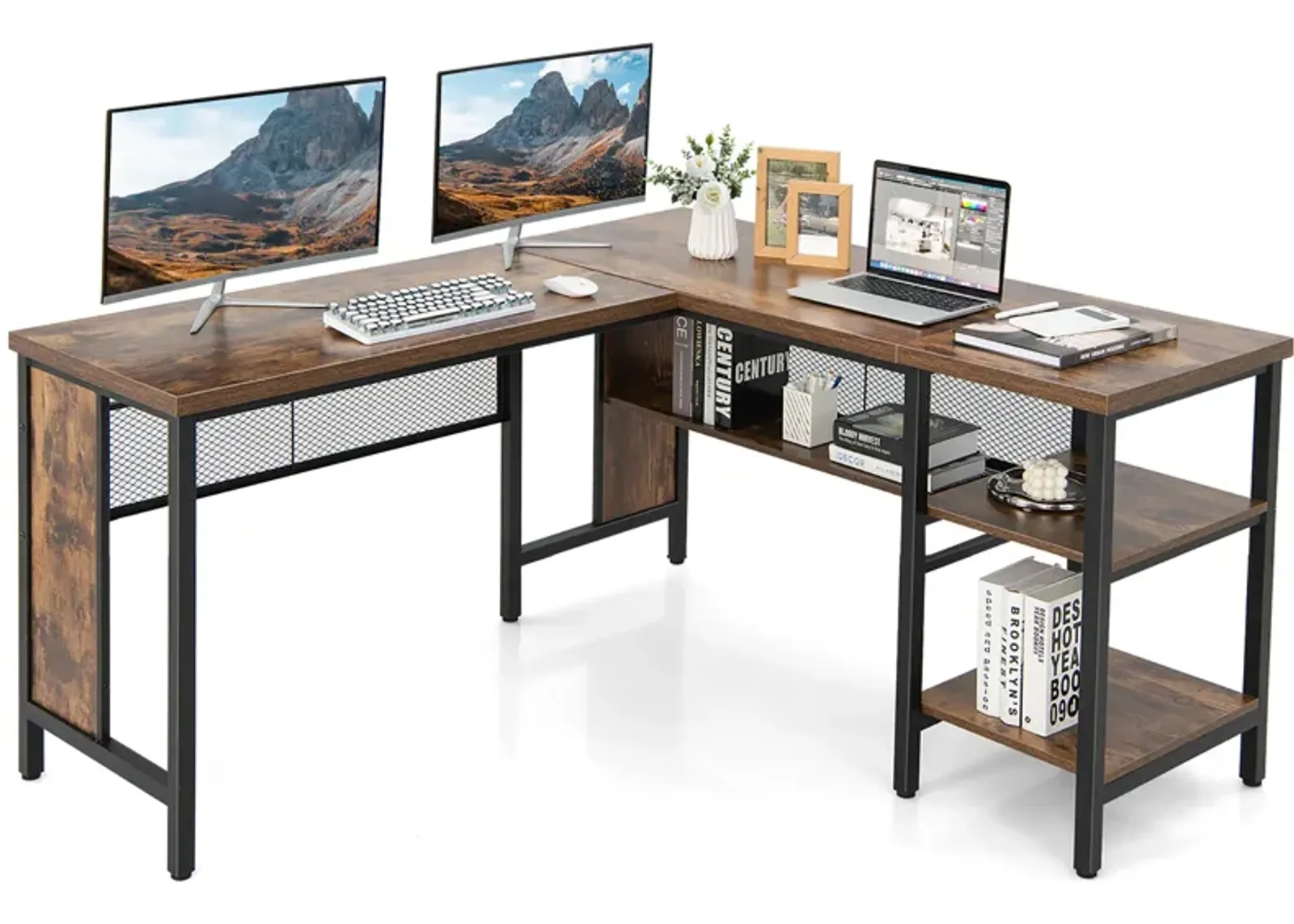 Costway Industrial L-Shaped Corner Computer Desk Office Workstation w/ Storage Shelves Brown