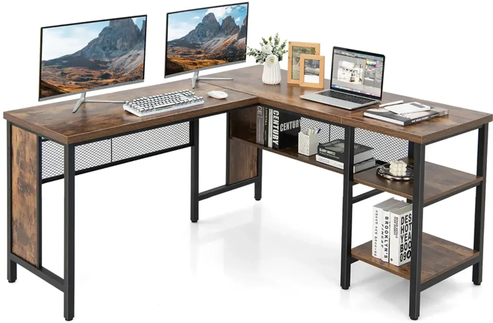 Costway Industrial L-Shaped Corner Computer Desk Office Workstation w/ Storage Shelves Brown