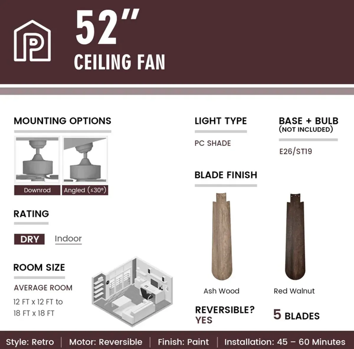 52 Inches Ceiling Fan with Remote Control