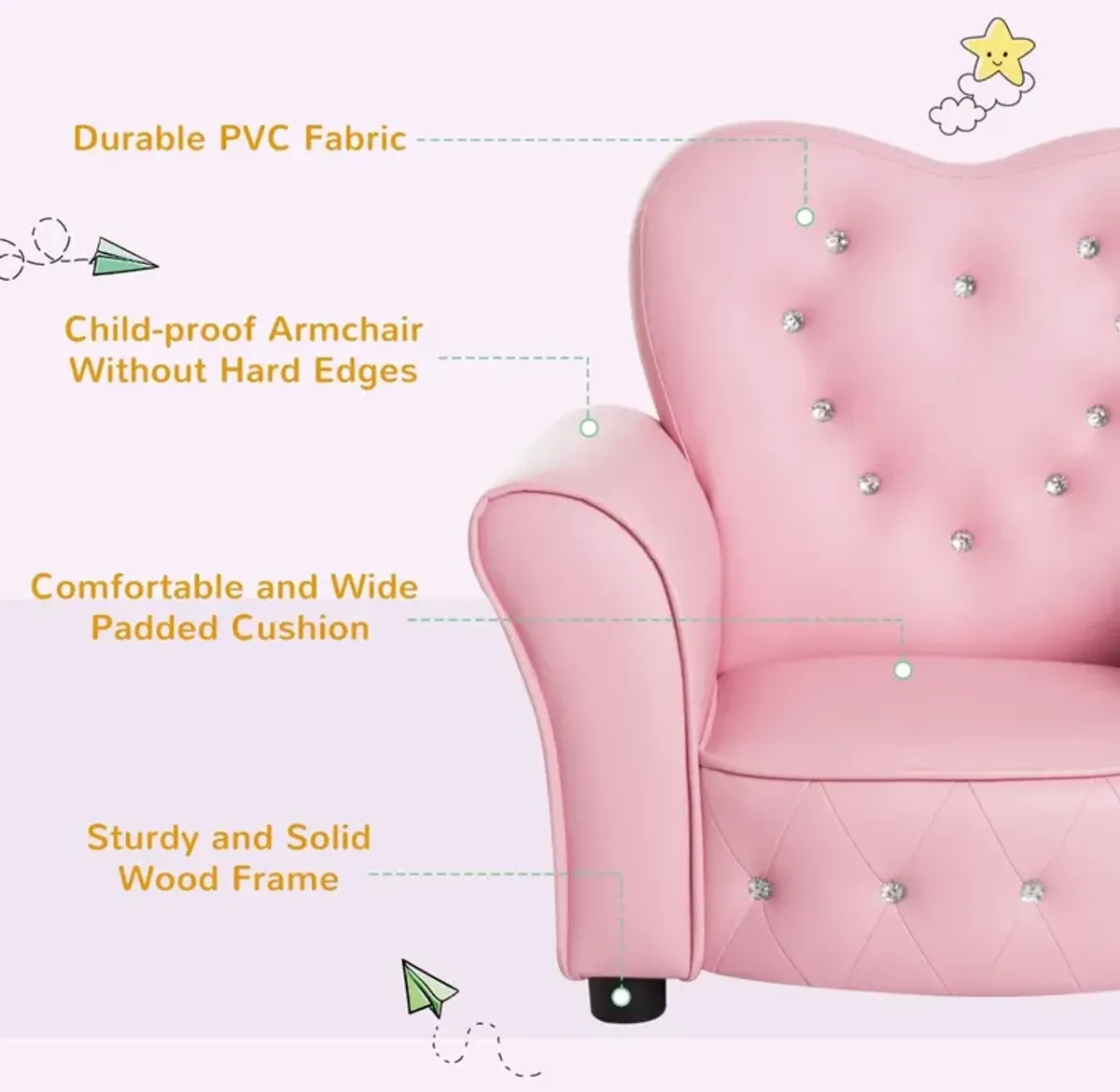 Pink Royal Relaxer: Tufted Princess Toddler Sofa with Diamond Decor