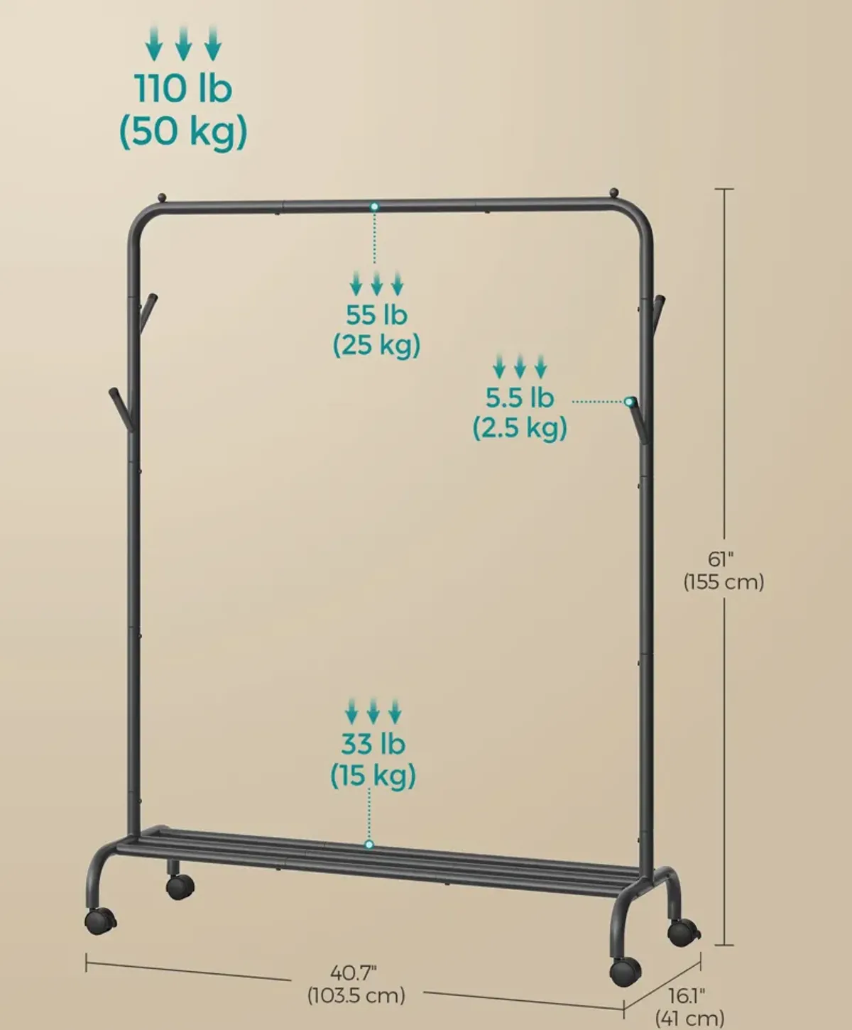 40.7" Wide Single-Rod Clothing Rack with Wheels