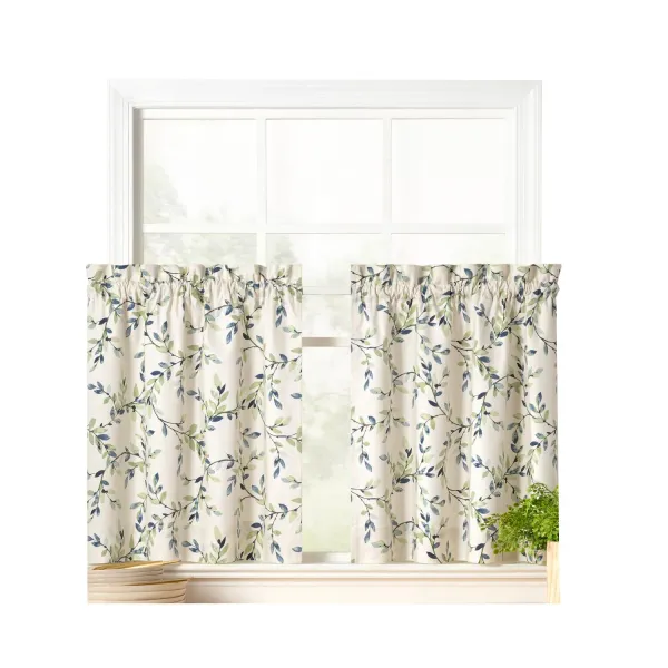 Ellis Vintage Stylish Medium Scale Printed Vine Pattern 1.5" Rod Pocket Tier for Windows 56"x24" Azure