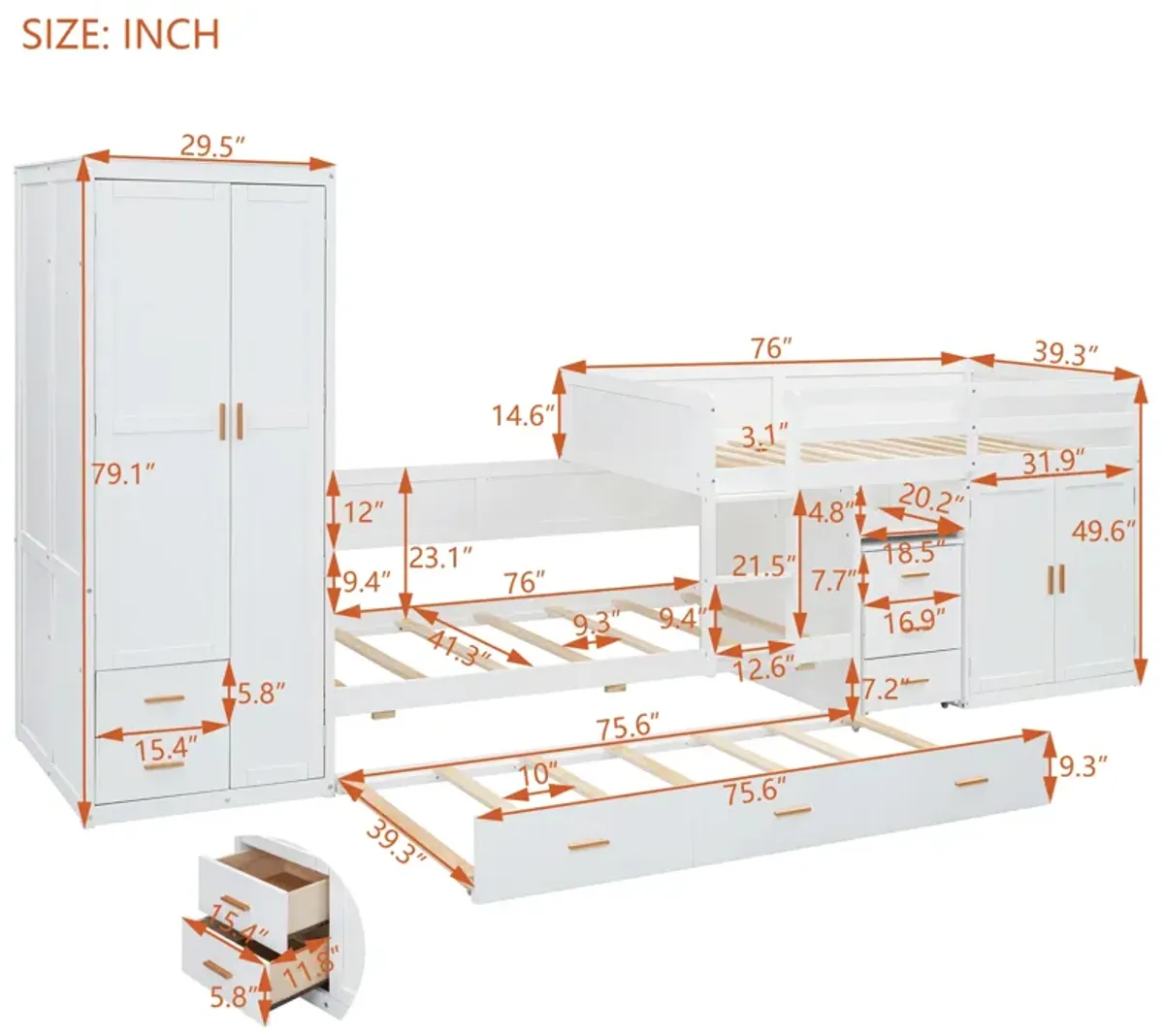 Merax Bunk Bed with Trundle, Cabinet, and Wardrobe