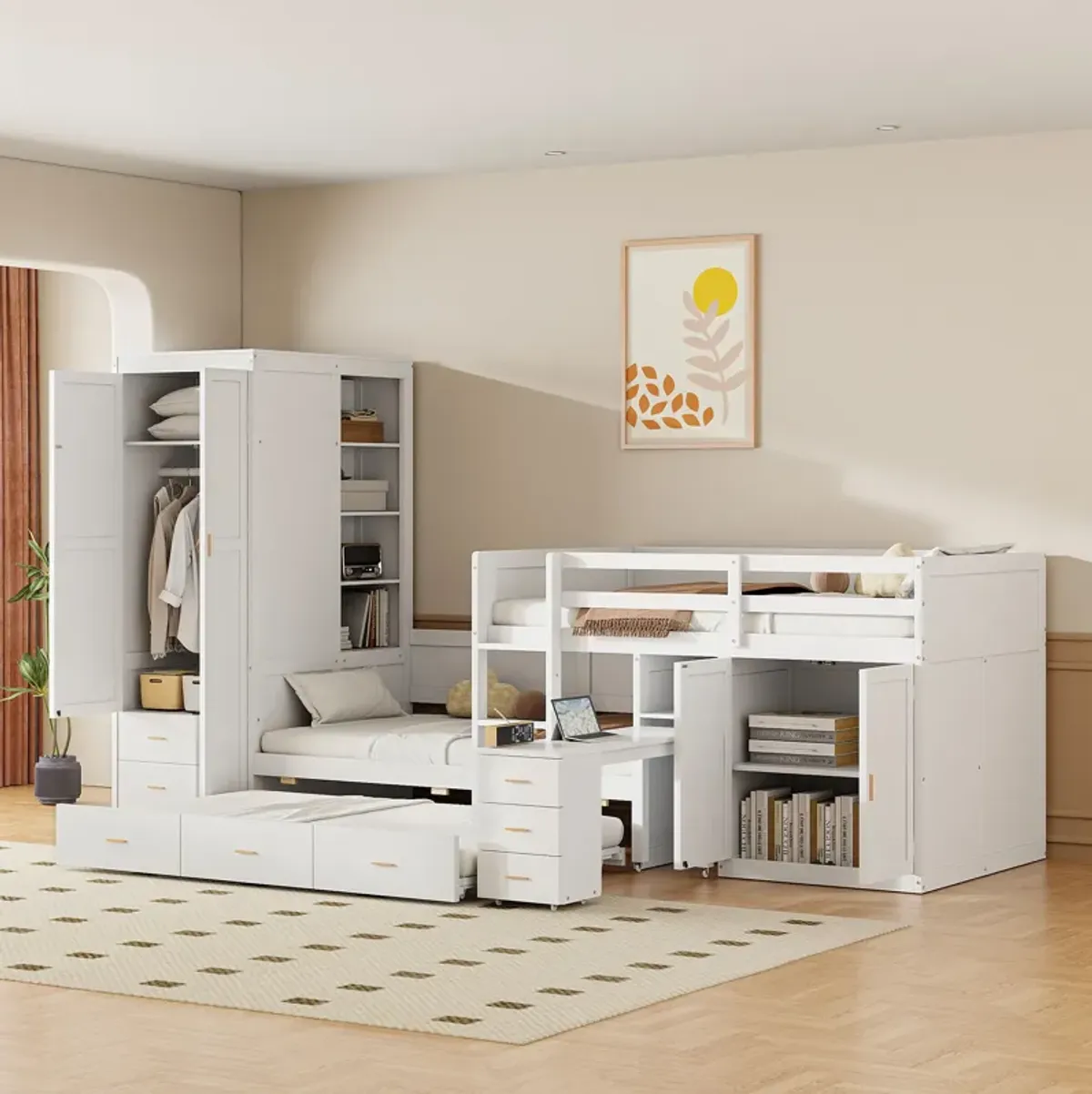 Merax Bunk Bed with Trundle, Cabinet, and Wardrobe