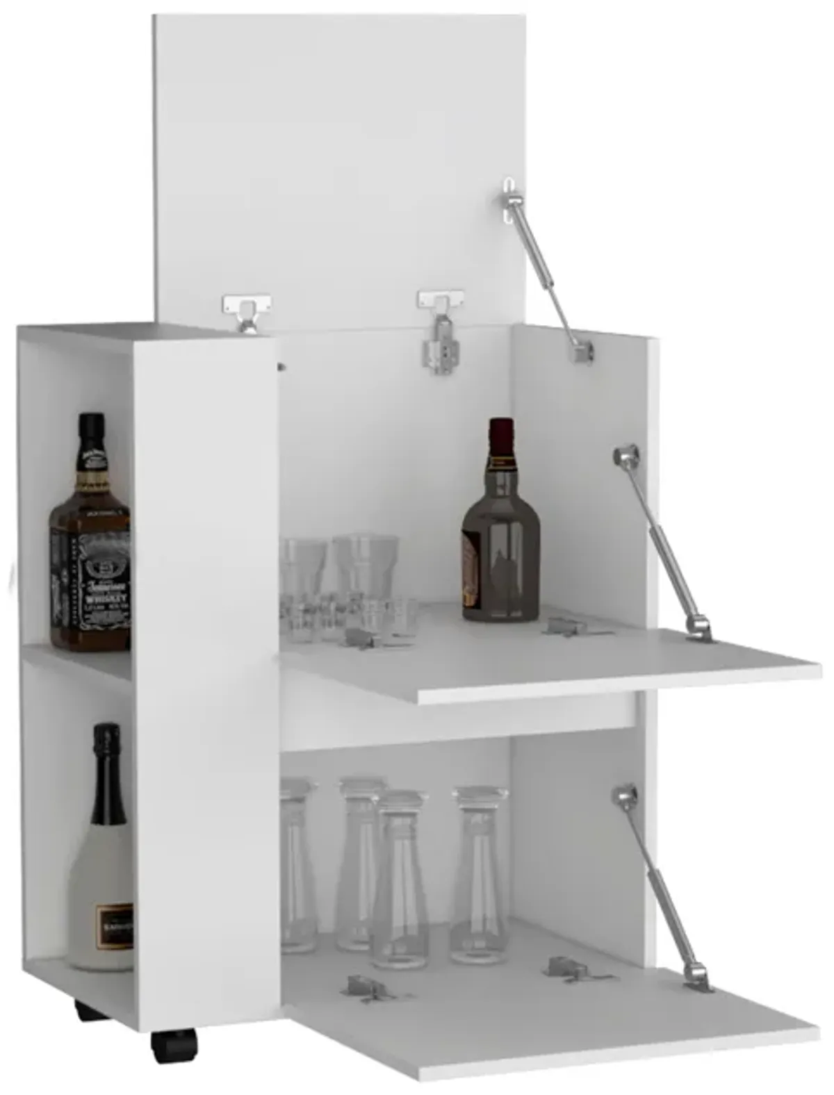 Glasgow Bar Cart Two Pull-Down Door Cabinets and Two Open Shelves