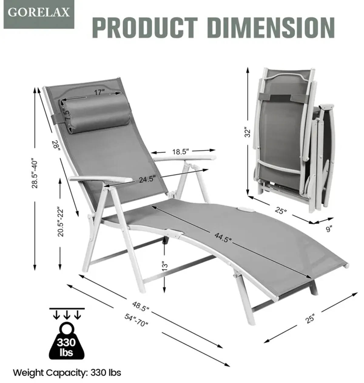 Adjustable Outdoor Lightweight Folding Chaise Lounge Chair with Pillow