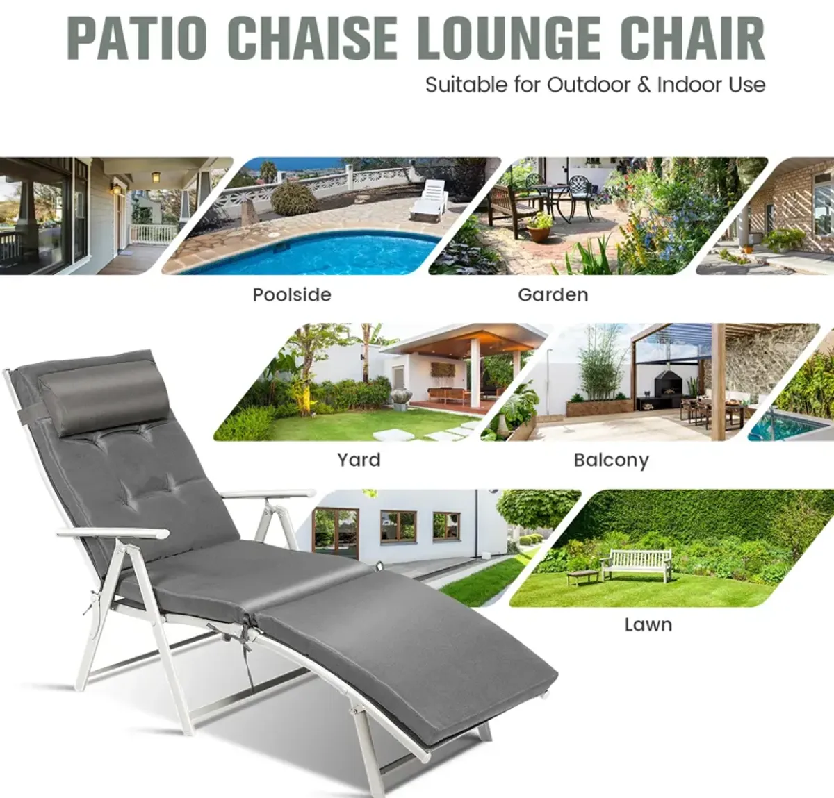 Adjustable Outdoor Lightweight Folding Chaise Lounge Chair with Pillow