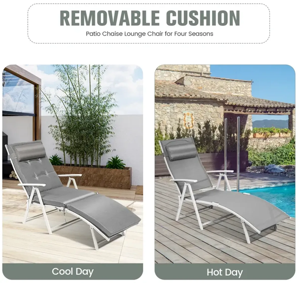 Adjustable Outdoor Lightweight Folding Chaise Lounge Chair with Pillow