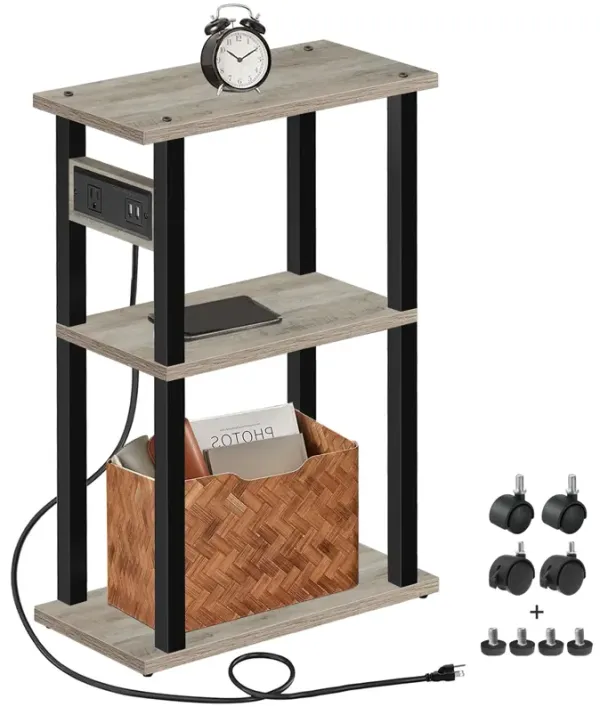 TUTOTAK Small Narrow Side Table with Charging Station, Skinny End Table for Small Spaces, Slim Nightstand with USB Ports and Out