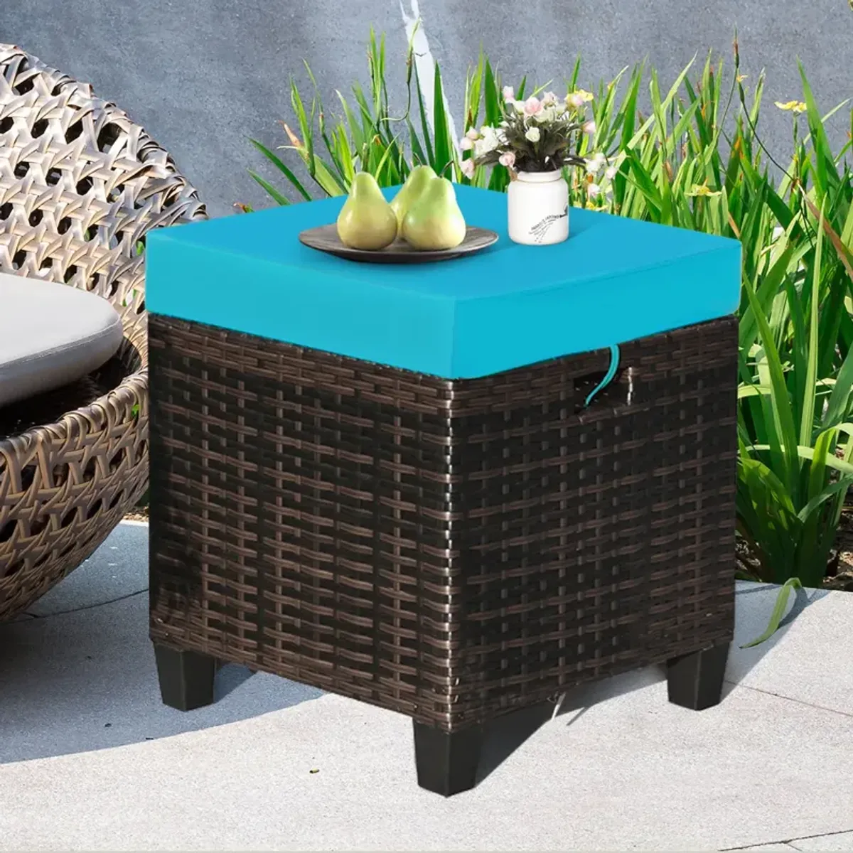 2 Pieces Patio Rattan Ottoman Set with Removable Cushions