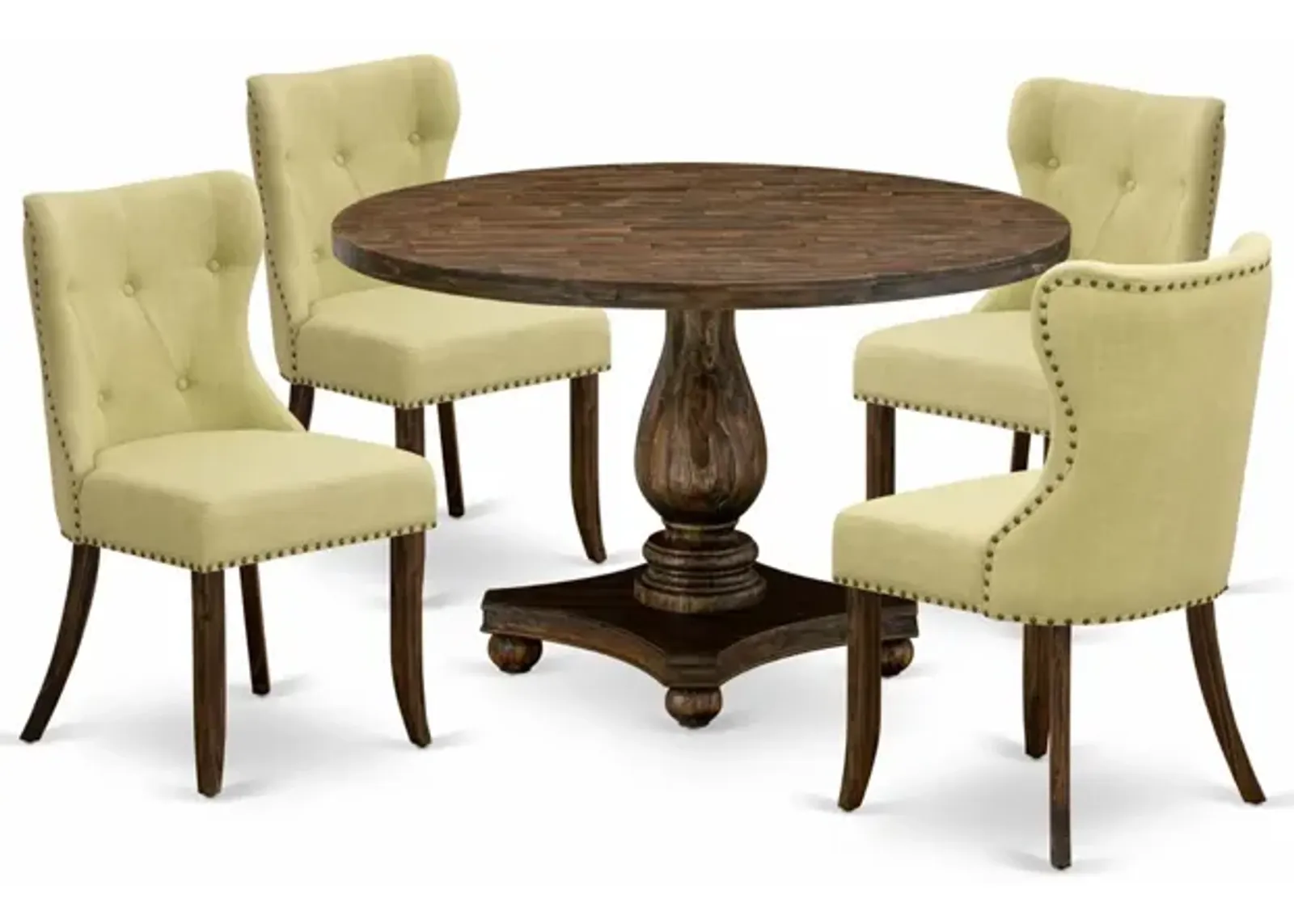 East West Furniture I2SI5-737 5Pc Dining Room Set - Round Table and 4 Parson Chairs - Distressed Jacobean Color